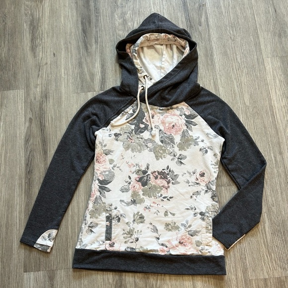 Vanilla Bay Floral Print Double Hoodie Sweater with Charcoal Sleeves - Picture 3 of 10